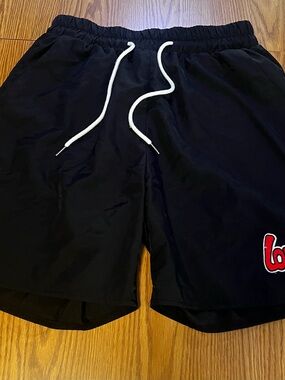 ROMWE Black Athletic Drawstring Shorts with White Cord and Red Logo Size Medium